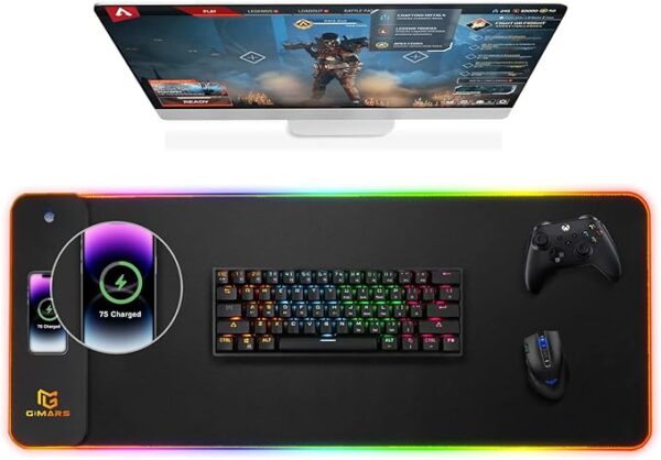 Gimars Alfombrilla Ratón Gaming RGB con 15W Carga Inalámbrica, 800×300mm Mousepad XXL con 10 Modos Iluminación LED, Tapete Rato Impermeable Base Antideslizante para Escritorio Oficina Gamer