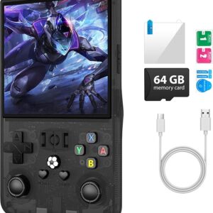 R36Max - Consola de juegos portátil, mini consola de juegos de mano retro, consola de videojuegos IPS de 4.0 pulgadas con tarjeta TF de 64 GB más de 18000 juegos retro preinstalados, batería de 4000