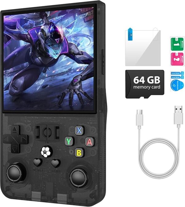 R36Max - Consola de juegos portátil, mini consola de juegos de mano retro, consola de videojuegos IPS de 4.0 pulgadas con tarjeta TF de 64 GB más de 18000 juegos retro preinstalados, batería de 4000